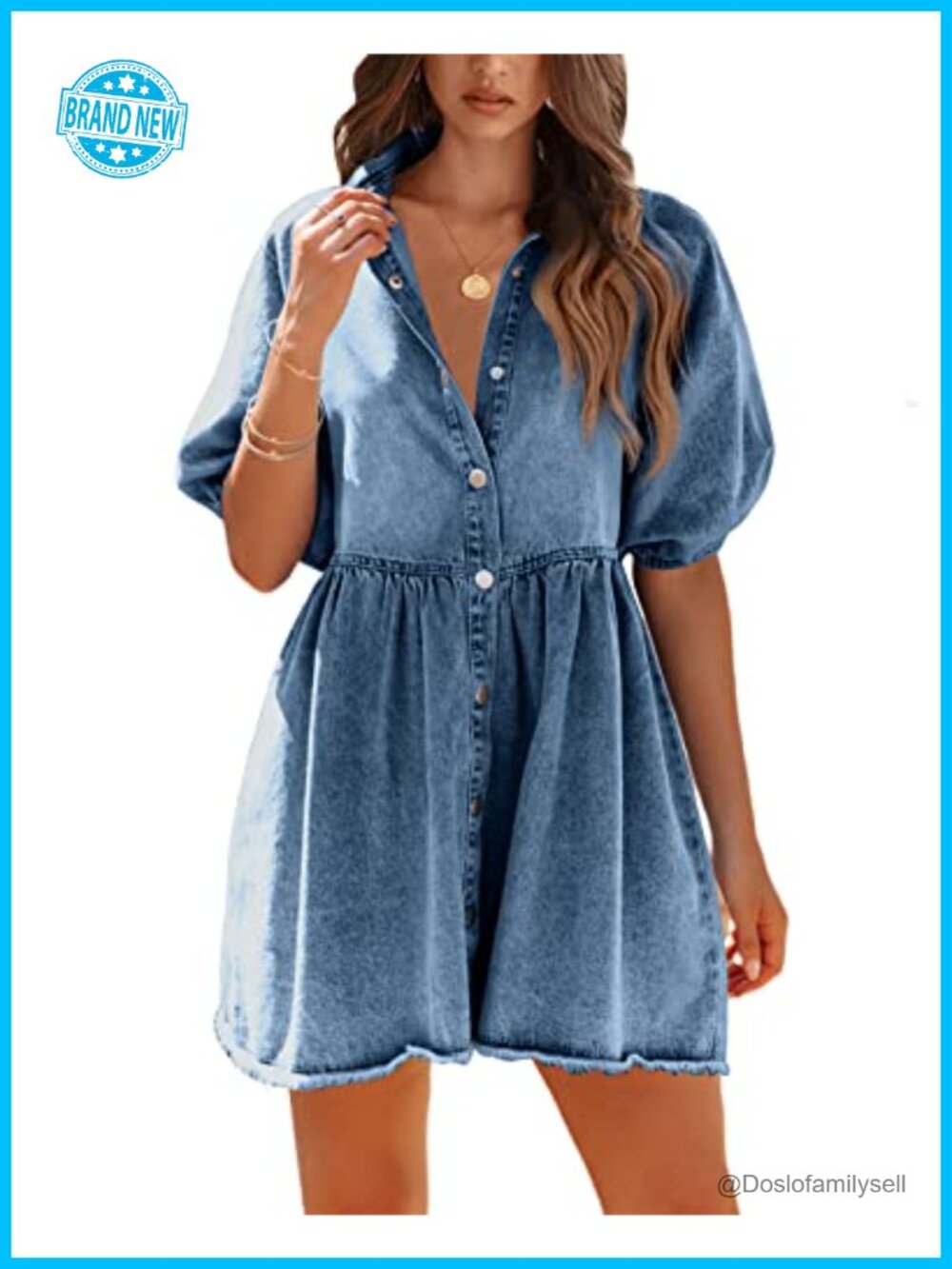 PepoChic Womens Denim Dress Puff Sleeve Babydoll Mini Summer Casual